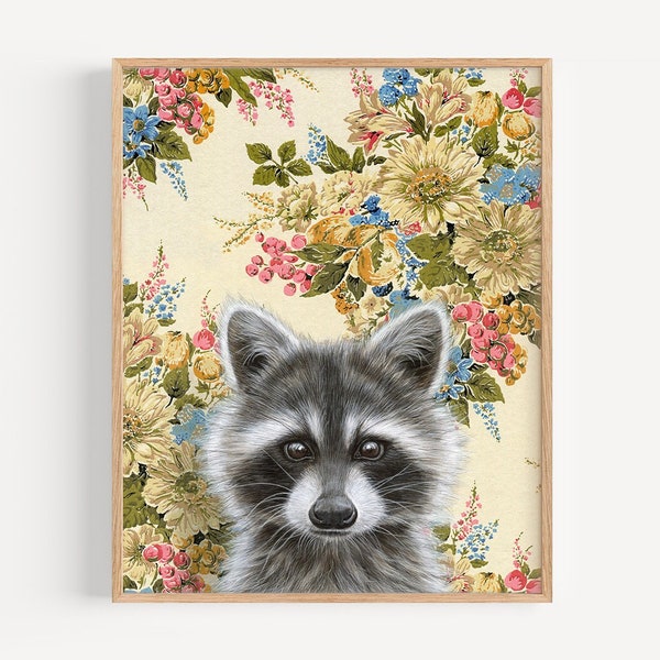 Raccoon - Art Print | oil painting reproduction, vintage wallpaper, natural home decor, nursery wall art, Racoon art