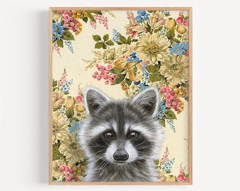 Raccoon - Art Print | oil painting reproduction, vintage wallpaper, natural home decor, nursery wall art, Racoon art