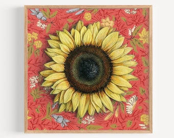 Sunflower - Art Print |  colorful wallpaper, home decor, nursery gift, flower gallery wall art, realistic oil painting reproduction