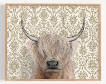 Highland Cow - Art Print | oil painting reproduction, vintage wallpaper, nursery wall art, cow painting, cowboy style