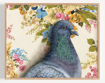 Pigeon - Art Print | bird painting, nursery wall decor, floral wallpaper pattern, oil painting reproduction, bird lover print