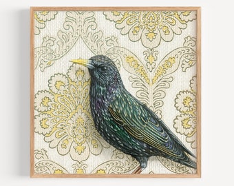 Starling Bird - Art Print | vintage Art Nouveau wallpaper, home decor, special gift, nursery wall art, bird painting