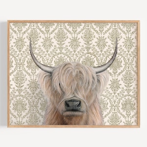 Highland Cow - Art Print | oil painting reproduction, vintage wallpaper, nursery wall art, cow painting, cowboy style