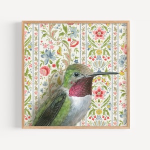 Hummingbird - Art Print | Ruby-throated Hummingbird, vintage wallpaper, oil painting reproduction, natural wall decor, nursery wall art