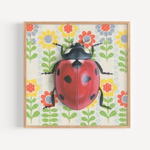 May include: A red and black ladybug with black spots on its wings is centered on a white background with a repeating pattern of colorful flowers.