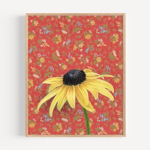 May include: A single yellow coneflower with a dark brown center, set against a red background with a floral pattern.