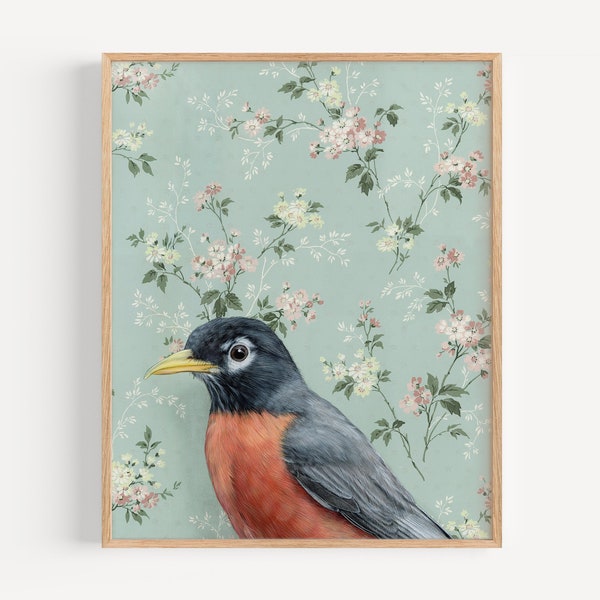 Robin - Art Print | oil painting reproduction, vintage wallpaper, natural home decor, aviary art, bird art