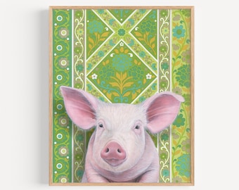 Pig - Art Print | Realistic oil painting reproduction | colorful wallpaper home decor | Special occasion gift | Gallery wall | matted