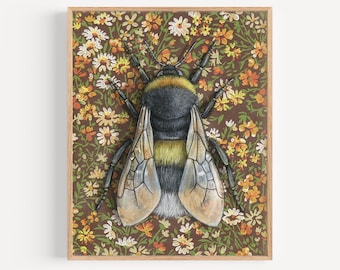 Bumblebee - Art Print | vintage wallpaper home decor, special occasion gift, nursery wall art, Bee art, Floral decor, Pollinator lover