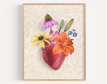 Anatomical Heart with Wildflower Bouquet - Art Print | Valentine's Day, oil painting reproduction, vintage wallpaper, home decor, tiger lily
