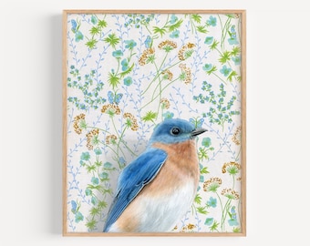 Bluebird - Art Print | bird art, oil painting reproduction, vintage wallpaper, birdwatcher gift, nursery art