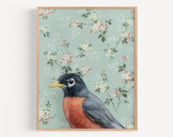 Robin - Art Print | oil painting reproduction, vintage wallpaper, natural home decor, aviary art, bird art