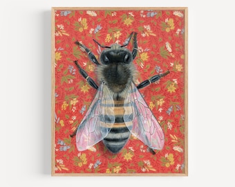 Honeybee - Art Print |  red floral wallpaper, home decor, nursery gift, wall art, insect art