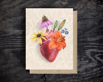 Anatomical heart with wild flowers note card | Blank greeting card, A2 Stationary, Kraft Envelope, Valentine's Day Card, Gift, 100% recycled