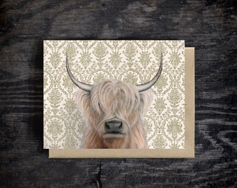 Highland Cow Note Card | Blank all occasion greeting card | A2 Stationary | Kraft Envelope | Oil paint | Gift | 100% recycled