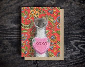 Valentine's Day Card - Weasel card | Blank all occasion greeting card, A2 Stationary, Kraft Envelope, oil paint, gift for her, 100% recycled