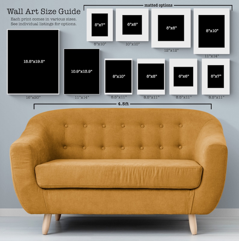 May include: A guide to wall art sizes, showing different framed prints in various sizes, with a couch in the foreground. The guide includes sizes from 5x7 inches to 16x20 inches.