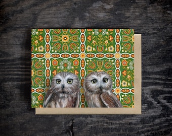 Saw-whet owls note card | Blank all occasion greeting card | A2 Stationary | Kraft Envelope | Oil paint | Gift | 100% recycled