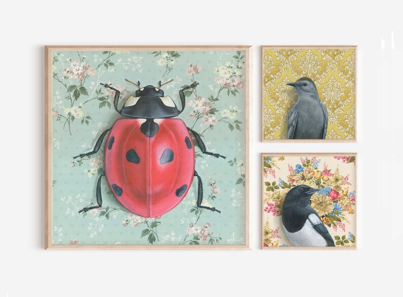 Ladybug Beetle Art Print painting reproduction, vintage wallpaper, nature art, nursery wall art, ladybug painting image 7