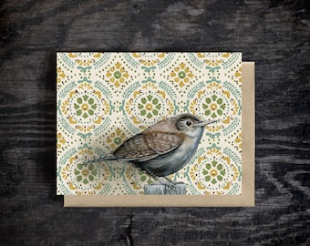 House wren note card | Blank all occasion greeting card | A2 Stationary | Kraft Envelope | Oil paint | Gift | 100% recycled