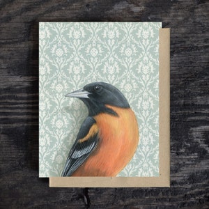 Karta z życzeniami Oriole | Pusta kartka okolicznościowa | Papier listowy A2 | Koperta Kraft | Kartka urodzinowa | Farba olejna | Prezent na kurę | 100% z recyklingu