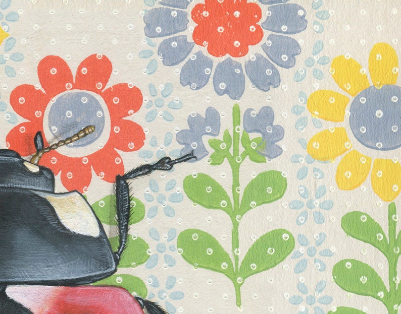 May include: A black and white beetle with long legs sits on a red flower with white polka dots. The background is a white fabric with a repeating pattern of blue, green, and yellow flowers with white polka dots.