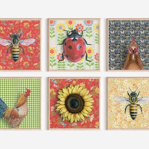 May include: Six framed prints with a variety of floral patterns and images of a ladybug, sunflower, rooster, and bees.