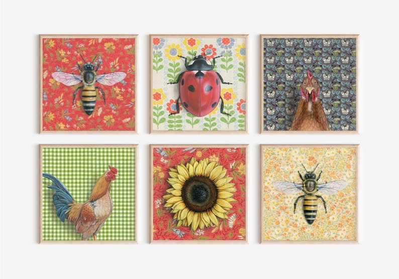 May include: Six framed prints with a variety of floral patterns and images of a ladybug, sunflower, rooster, and bees.