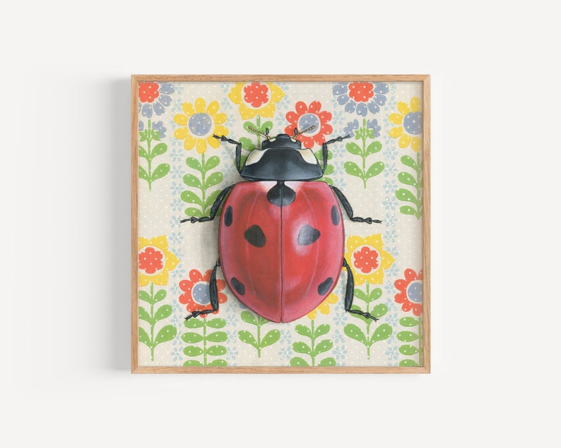 May include: A red and black ladybug with black spots on its wings is centered on a white background with a repeating pattern of colorful flowers.