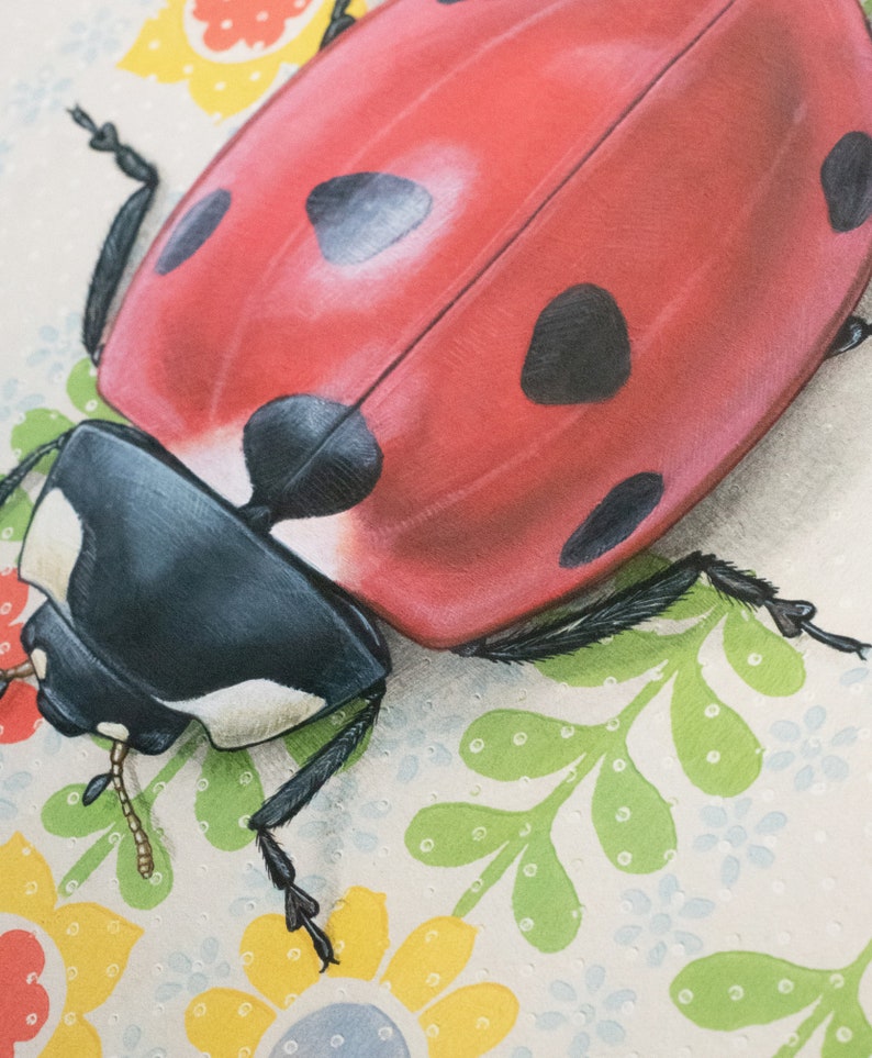 May include: A red ladybug with black spots on a white background with green and yellow floral designs.