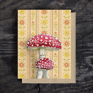 Karta z życzeniami Toadstool | Pusta kartka z życzeniami na każdą okazję | Papier listowy A2 | Koperta Kraft | Karta Mushroom | Farba olejna | Prezent | 100% z recyklingu