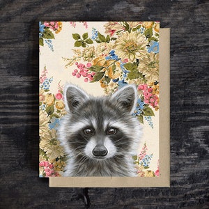 Karta z notatkami Raccoon | Pusta kartka okolicznościowa na każdą okazję, papier listowy A2, koperta Kraft, kartka urodzinowa, farba olejna, prezent, 100% z recyklingu