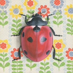May include: A red and black ladybug with black spots on a white background with a repeating pattern of green leaves and colorful flowers.