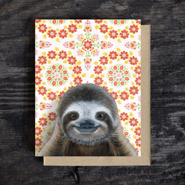 Sloth Note Card | blank all occasion greeting card, A2 stationary, kraft envelope, 100% recycled, compostable packaging, sly happy sloth