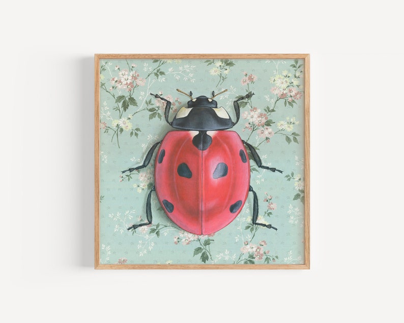 Ladybug Beetle Art Print painting reproduction, vintage wallpaper, nature art, nursery wall art, ladybug painting image 1