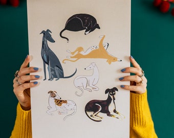 May include: A print featuring six stylized illustrations of greyhounds in various poses. The print is on a cream background and has the artist's signature in the bottom right corner.