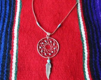 Kette Traumfänger Vintage Liquid Silver Sterling Silber Türkis Nuggets Boho Ethno Dreamcatcher Indianerschmuck  Festival Bohemian Tribal