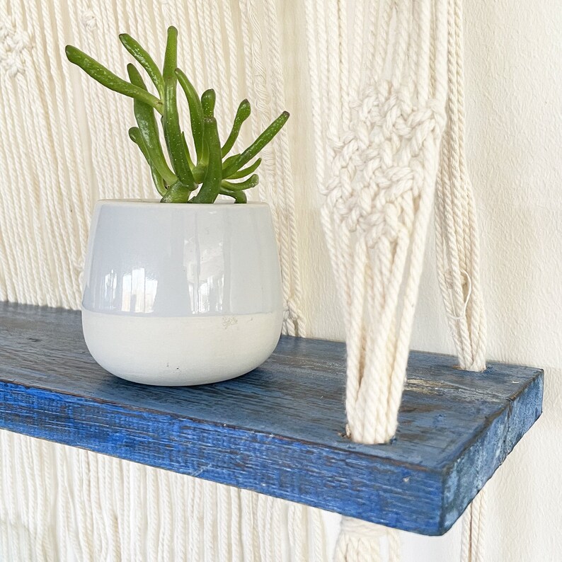 handmade macrame hanging shelve vintage albesia wood wall hanging makramee boho bohemian cotton farmhouse plant hanger blue image 4