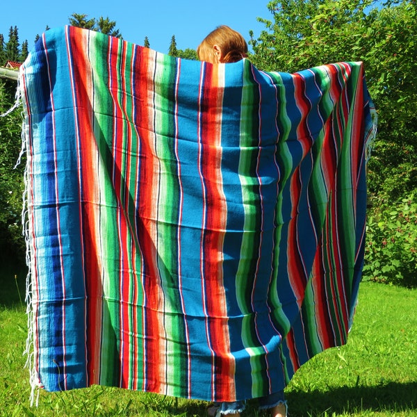 handgewebte 225 x150 cm Vintage Ethno Decke Mexiko mexican blanket Yoga Sarape Hippie Strand Boho Bohemian Navajo Festival teal petrol blau