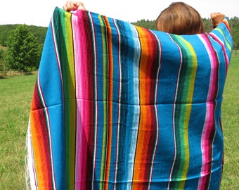 handgewebte 220 x150 cm Vintage Ethno Decke Mexiko mexican blanket Yoga Sarape Hippie Strand Boho Bohemian Navajo Festival teal petrol