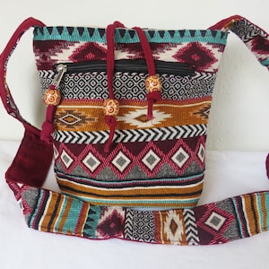 Geweven Azteekse festival vintage schoudertas vintage boho katoen bordeauxrood