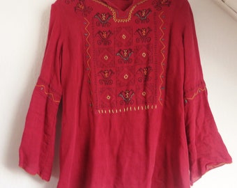 M  Vintage boho blouse GUDRUN SJÖDEN warm red embroidered festival sweden hippie linen cotton bohemian floral folk art