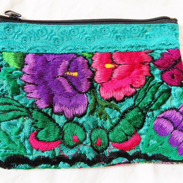 ethnic flower coin purse vintage embroidered turquoise woven ikat hippie guatemala floral  folk  festival boho goa maya indio bohemian