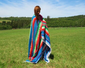 225cm x 150cm mexican woven vintage  blanket  teal blue rainbow  sarape  ethnic mexico hippie  yoga southwestern  boho  indian navajo