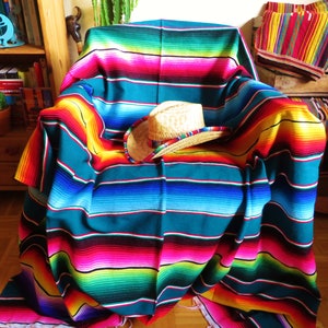 220cm x 150cm mexican woven vintage blanket teal green rainbow sarape ethnic mexico hippie yoga southwestern boho indian navajo image 1