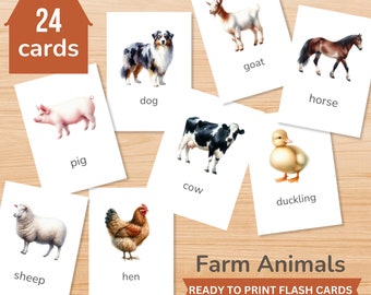Farm Animals Montessori printable flash cards, Homeschooling classroom educational materials, Watercolor learning cards, INSTANT DOWNLOAD