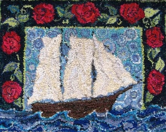 Rug Hooking Pattern - A-Schooner & Roses - 25 x 32 on linen