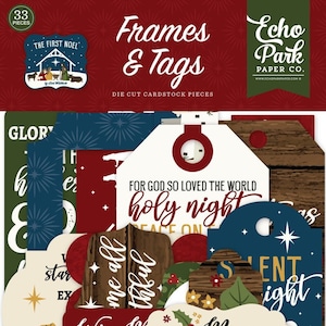 May include: A set of 33 Christmas-themed die-cut cardstock pieces featuring tags and frames. The tags have various designs including "Wise Men - Still See Him", "Merry Christmas", "Silent Night", "Holy Night", and "For God So Loved The World". The frames include a star, a camel, and a nativity scene.