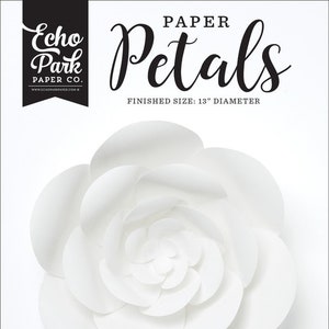 May include: White paper flower craft kit, Echo Park Paper Co. Paper Petals, finished size 13 inches in diameter. Includes die cut paper pieces to create a beautiful paper flower. Perfect for weddings, all types of parties, home decor, and more.