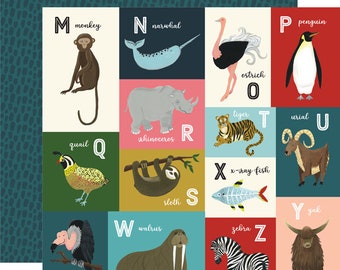 Echo Park Paper - Animal Safari - M-Z Animal Alphabet Cards 12x12 Scrapbook Paper